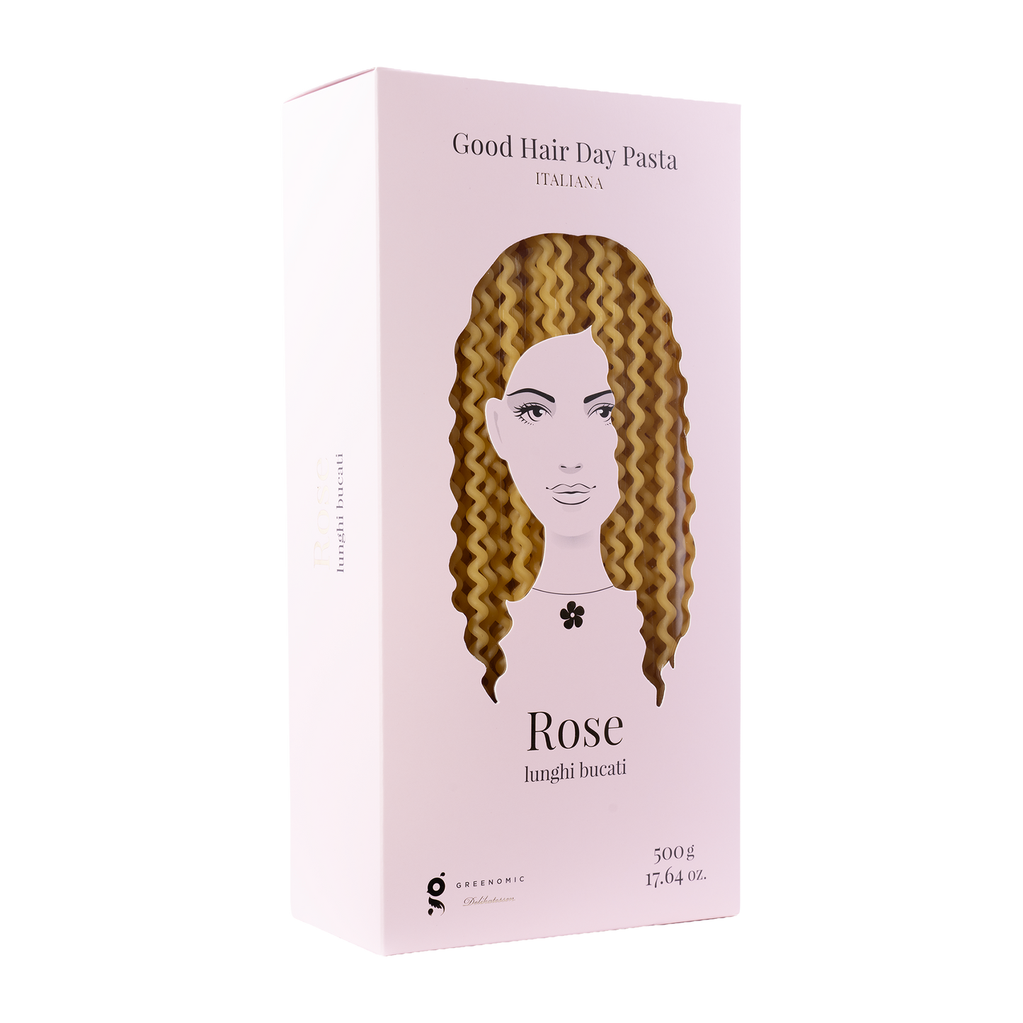 Rose lunghi bucati – Good Hair Day Pasta von Greenomic Delikatessen, Packung seitlich