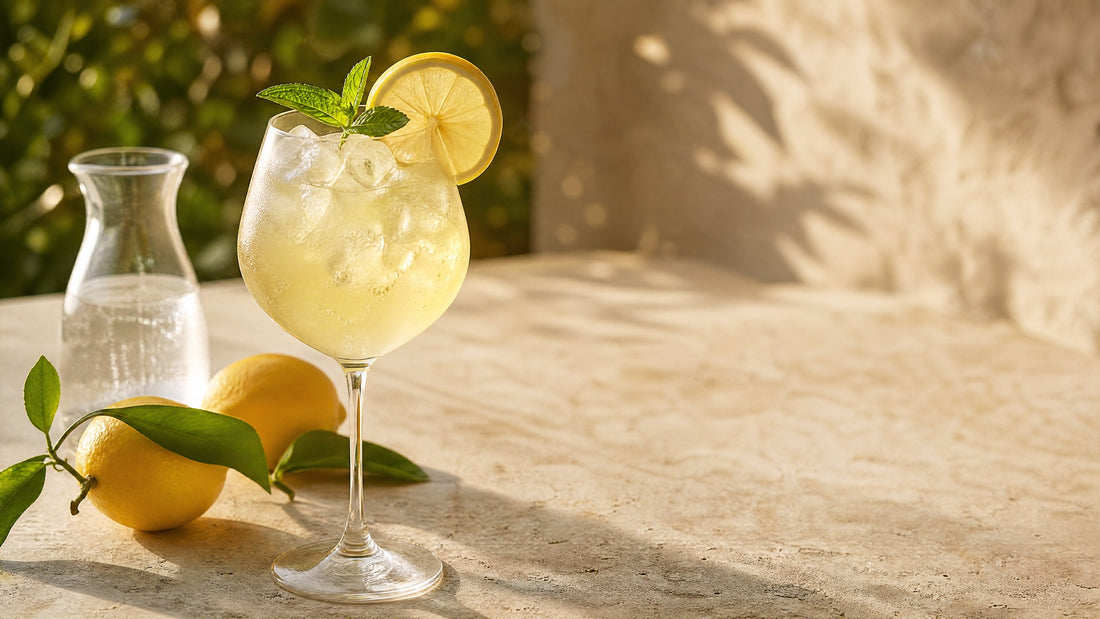 Limoncello Spritz mit Eis, Zitronenscheibe und Minze auf Travertin-Tisch