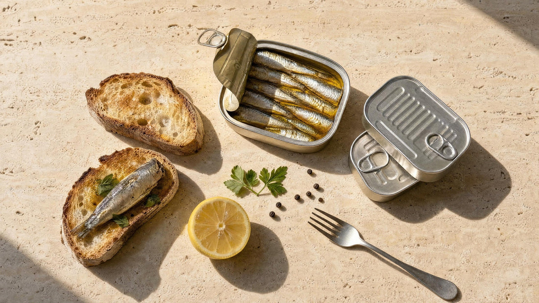 Geöffnete Sardinendose mit ganzen Sardinen in Olivenöl, daneben geröstetes Brot mit Sardine, Zitrone und zwei geschlossene Dosen auf Travertin