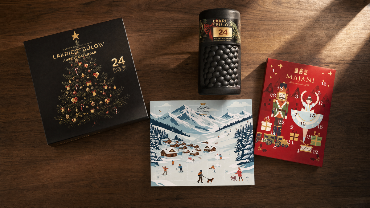 Adventskalender von Lakrids by Bülow, Dolfin und Majani auf Nussbaumholz