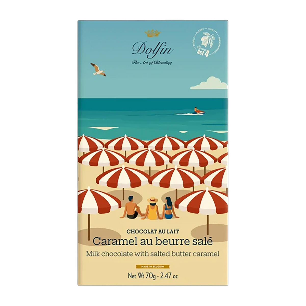 Dolfin Vollmilchschokolade mit gesalzenem Butterkaramell, 70-g-Tafel mit Strandschirmen