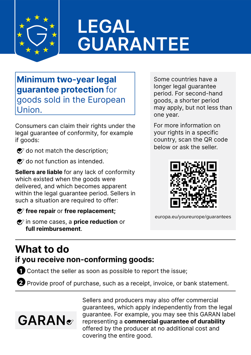 Legal guarantee – Minimum two-year legal guarantee protection for goods sold in the European Union.