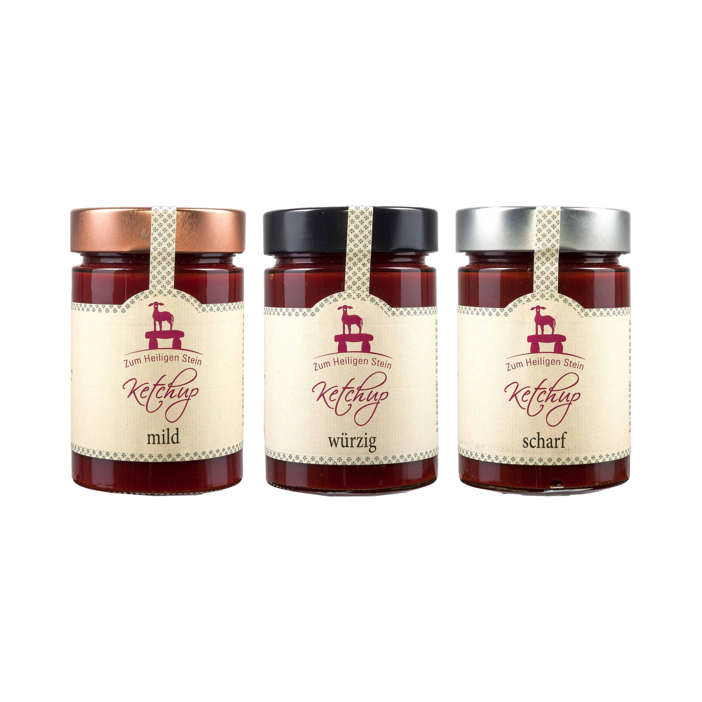 Ketchup-Probierset 3 × 400 g – mild, würzig, scharf, Zum heiligen Stein