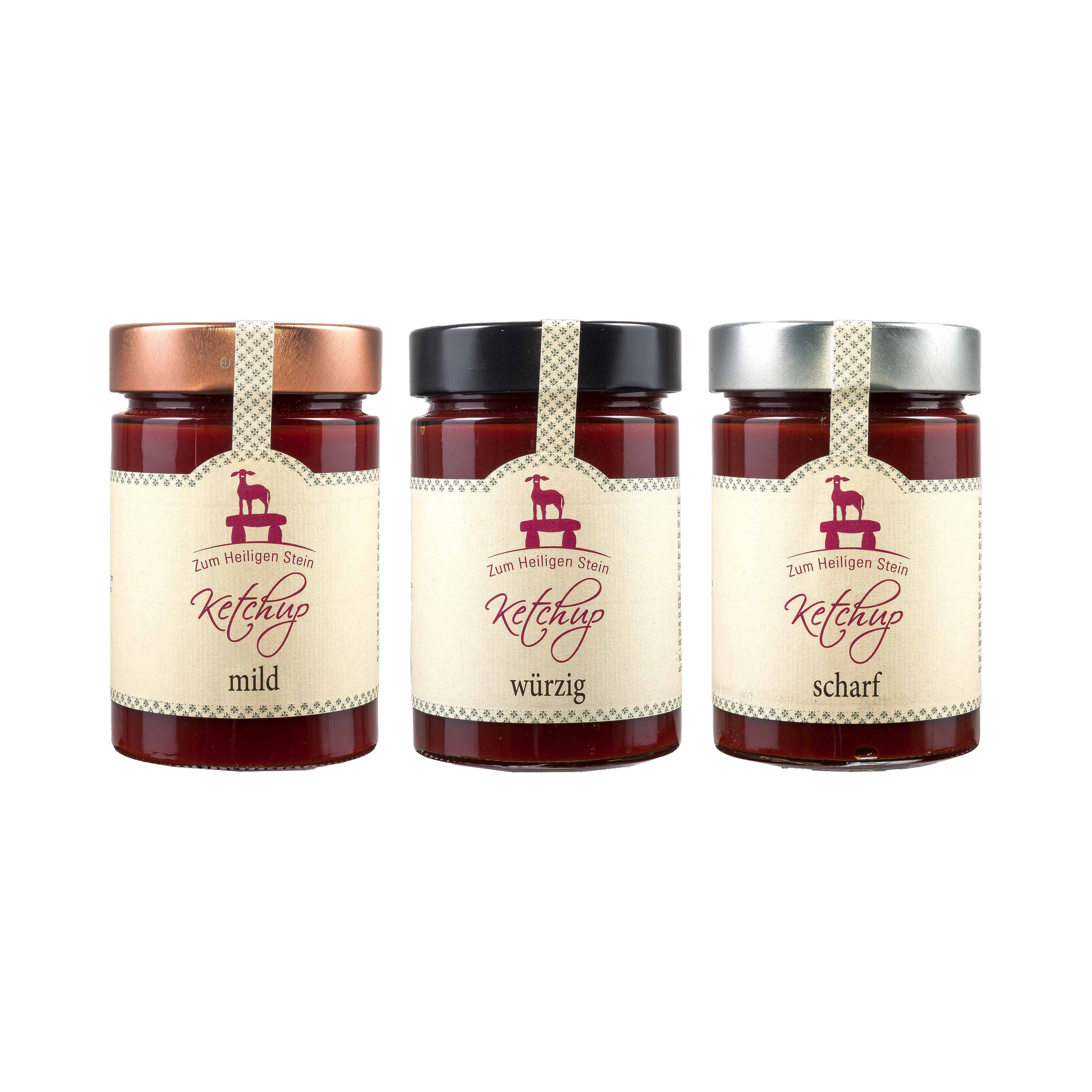 Ketchup-Probierset 3 × 400 g – mild, würzig, scharf, Zum heiligen Stein
