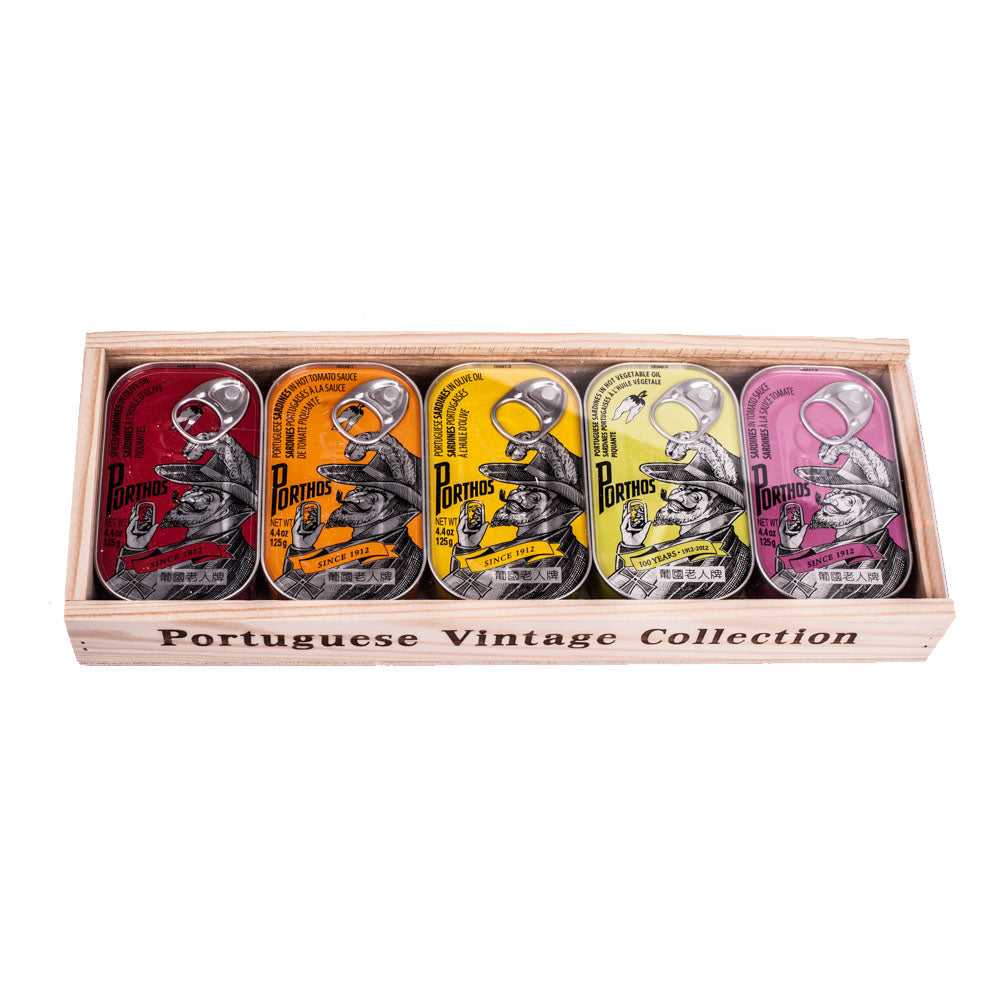 Porthos  Sardinendosen Geschenk in Holzkiste  5 x 125g
