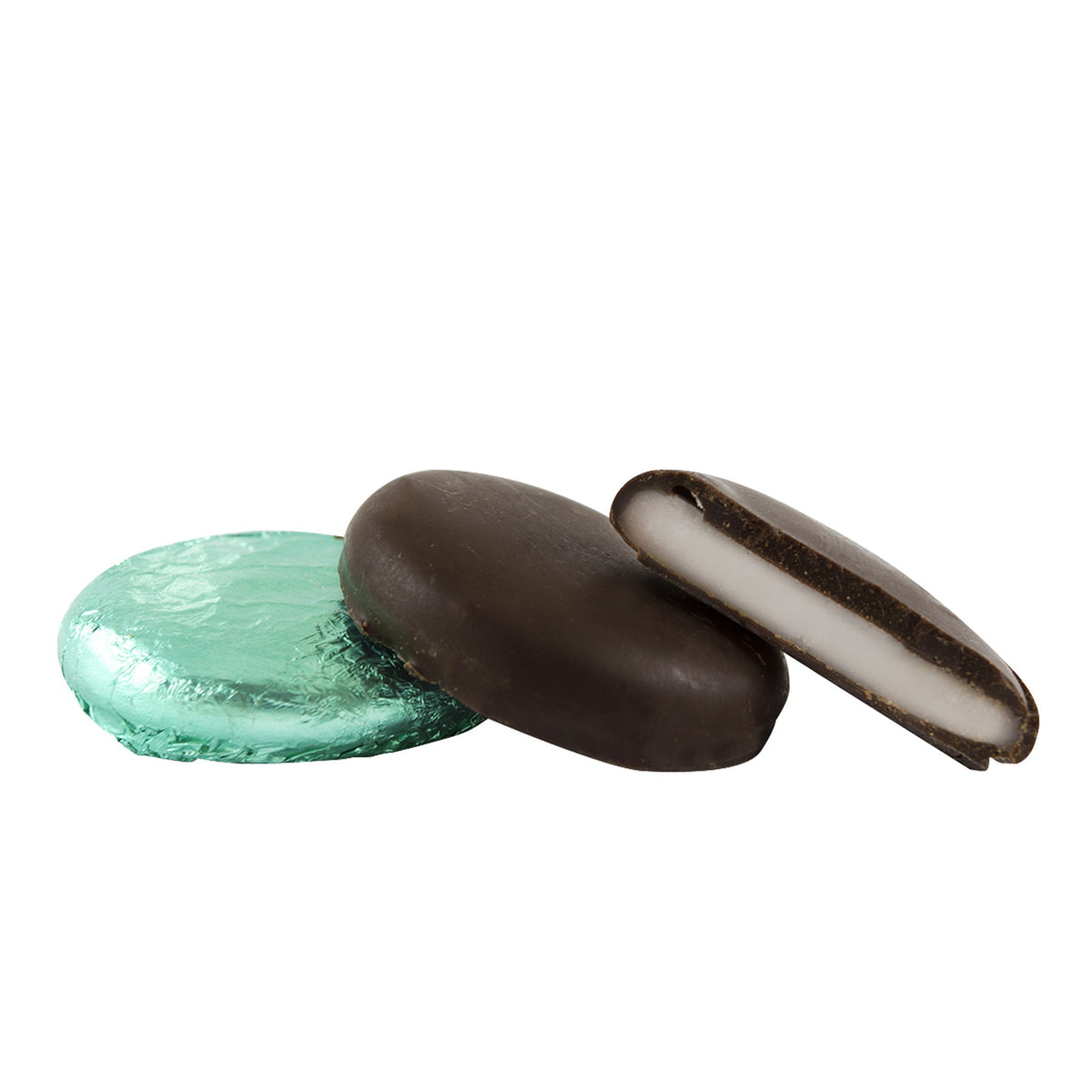 Summerdown Extra Dark Peppermint Fondants – Taler in Folie, ganz und aufgeschnitten