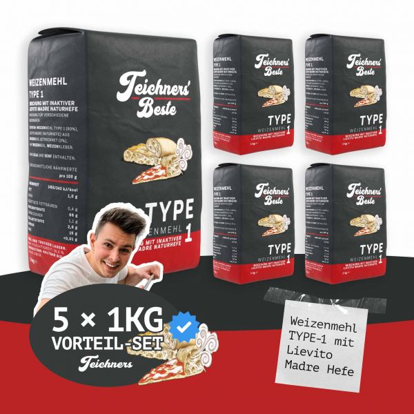 Teichners Beste | Weizenmehl &quot;Type 1&quot; mit inaktiver Lievito Madre Naturhefe | 5×1kg Set